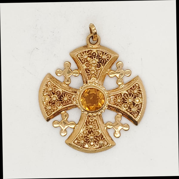Vintage Lebanese 18Kt Yellow Gold and Citrine Jerusalem Cross Pendant