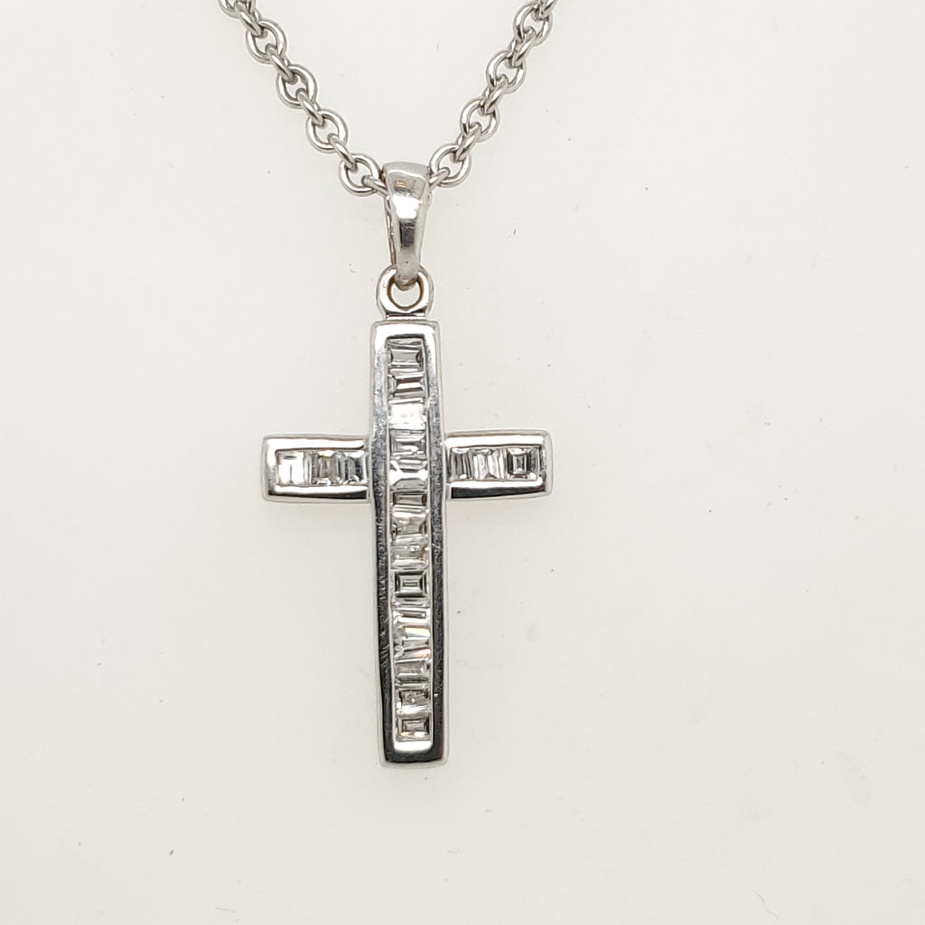 18kt White Gold Baguette Diamond Cross Pendant Necklace