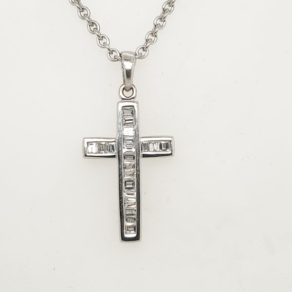 18kt White Gold Baguette Diamond Cross Pendant Necklace