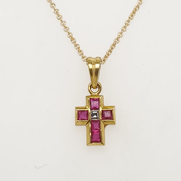 18kt Yellow Gold Ruby and Diamond Cross Pendant Necklace