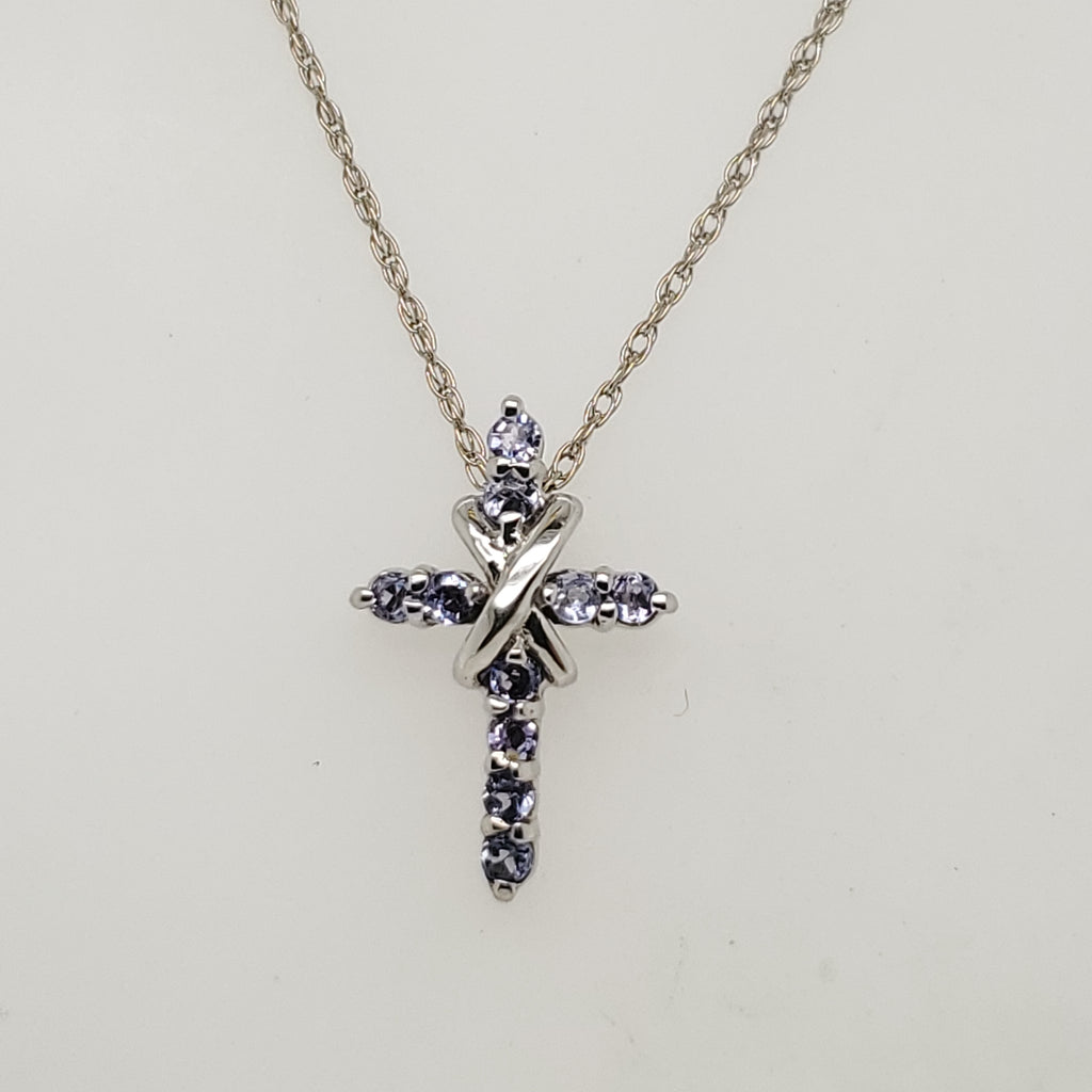 14Kt White Gold Tanzanite Cross Pendant Necklace