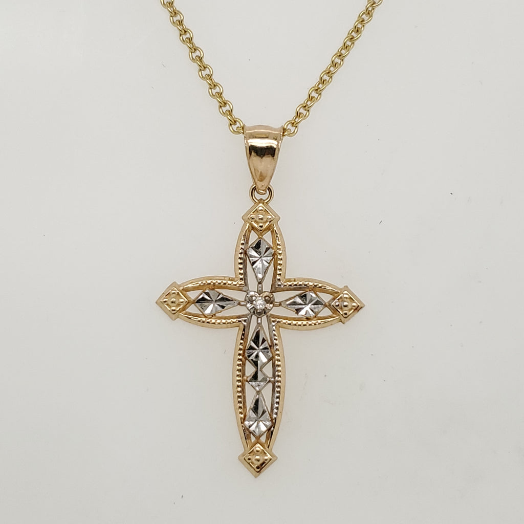 14kt Yellow and White Gold Filigree Cross Pendant