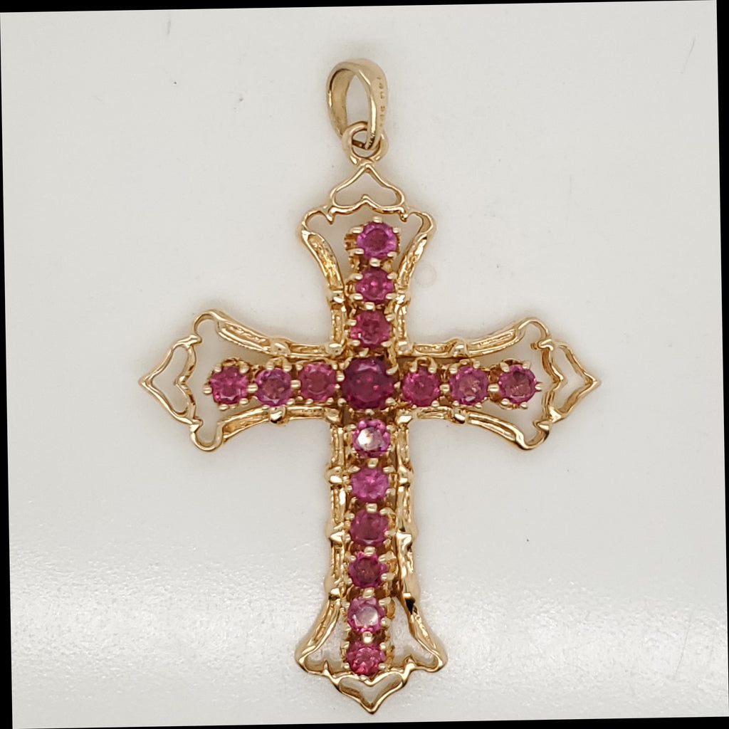 Vintage 14kt Yellow Gold and Pink Tourmaline Cross Pendant