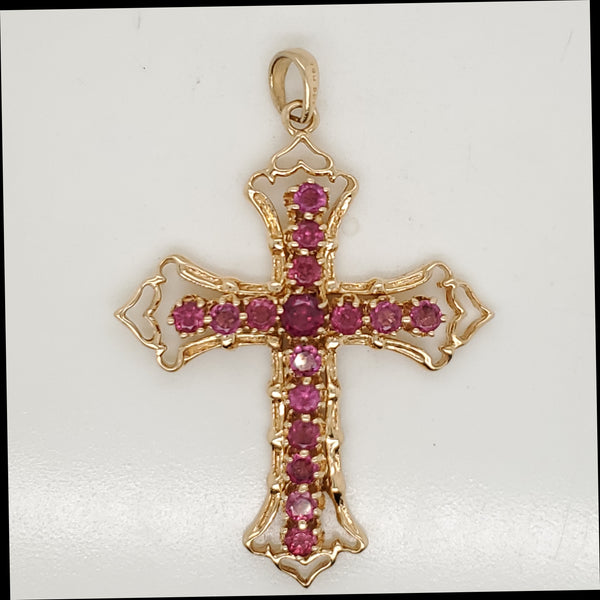 Vintage 14kt Yellow Gold and Pink Tourmaline Cross Pendant