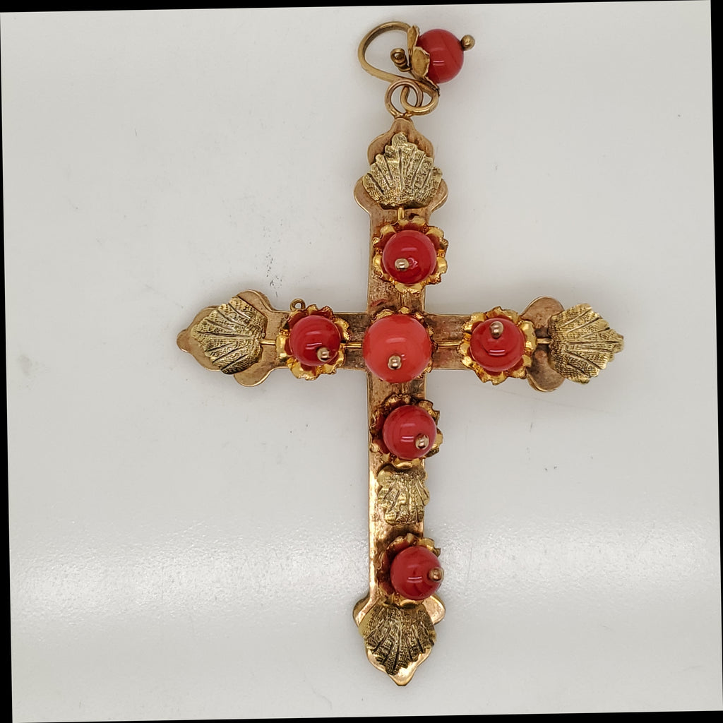 Antique Victorian 10kt Yellow Gold and Coral Bead Cross Pendant