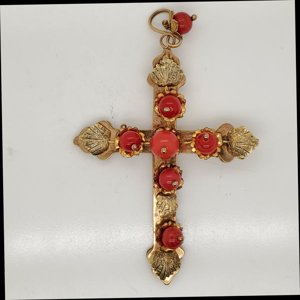 Antique Victorian 10kt Yellow Gold and Coral Bead Cross Pendant