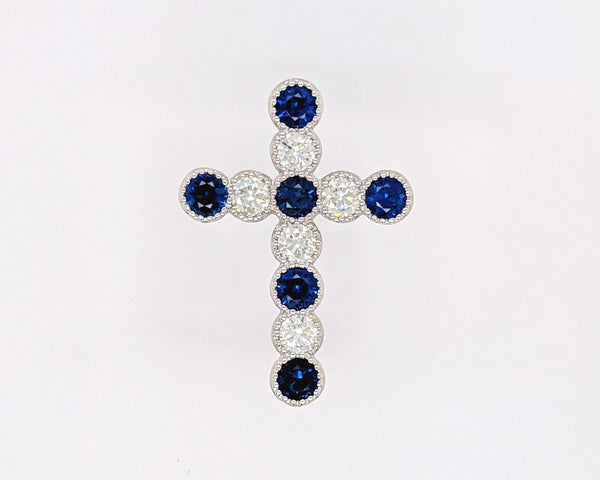 14K White Gold Diamond and Blue Sapphire Cross Pendant