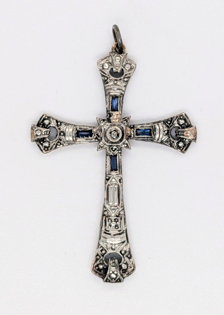 Vintage Two-Toned Diamond and Sapphire Cross Pendant