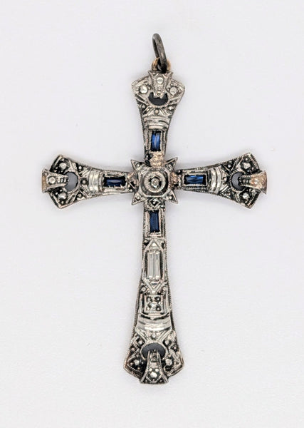 Vintage Two-Toned Diamond and Sapphire Cross Pendant
