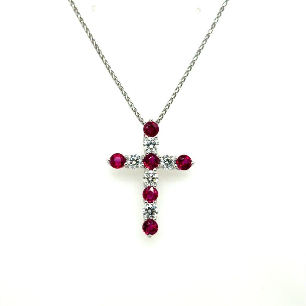 2.29 Cttw 18Kt White Gold Red Ruby And Diamond Cross Necklace