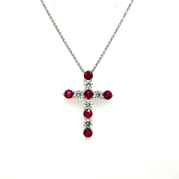 2.29 Cttw 18Kt White Gold Red Ruby And Diamond Cross Necklace