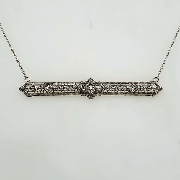 Art Deco 14kt White Gold Filigree Diamond Bar Necklace