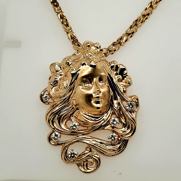 14kt Yellow gold and Diamond Art Nouveau Style Pendant Necklace