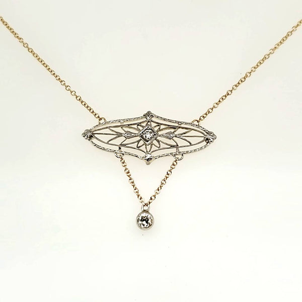Art Deco Platinum on 14kt Yellow Gold and Diamond East/West Filigree Necklace