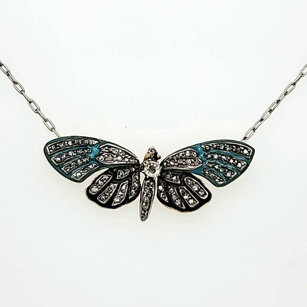 Art Nouveau Silver on 18kt Yellow Gold Enamel Diamond Butterfly Necklace
