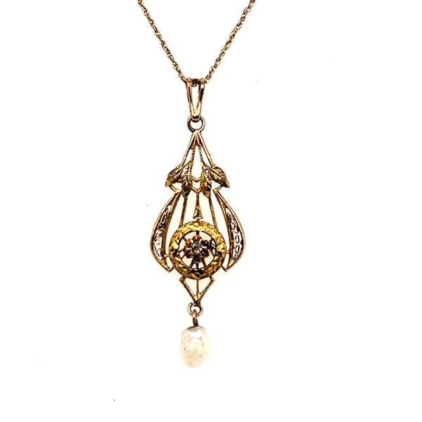 Antique 14kt Yellow Gold Victorian Natural Sea Pearl and Diamond Drop Necklace