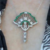 Art Deco Inspired Platinum Diamond and Emerald Necklace