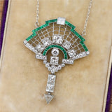 Art Deco Inspired Platinum Diamond and Emerald Necklace