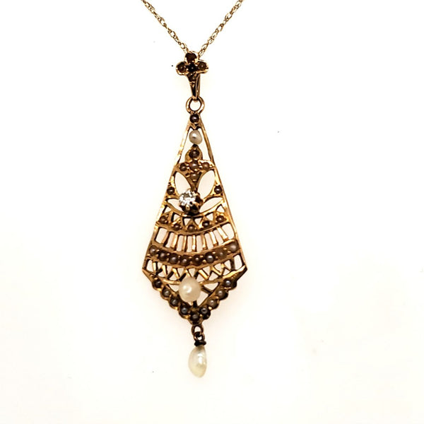 Antique Victorian 14kt Yellow Gold Seed Pearl and Diamond Filigree Necklace