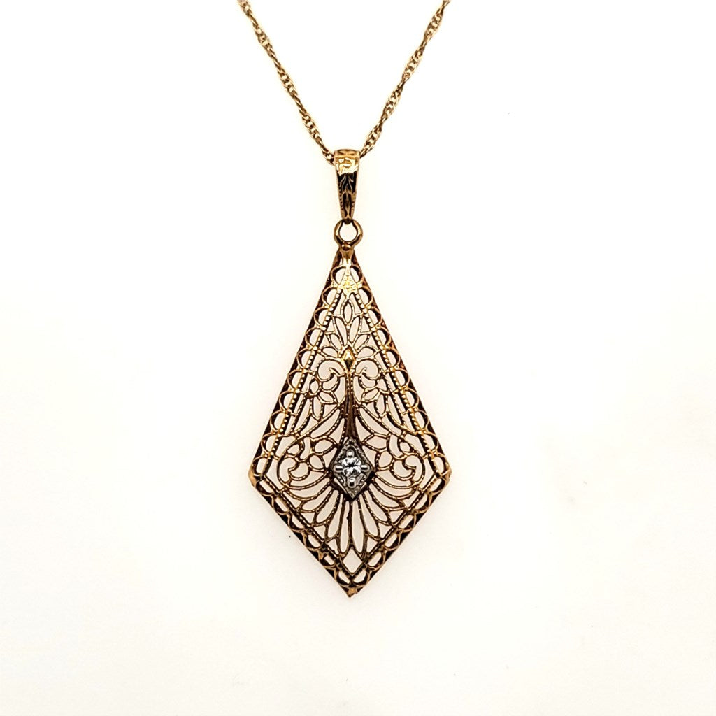 Art Deco 14Kt Yellow Gold Filigree Diamond Necklace