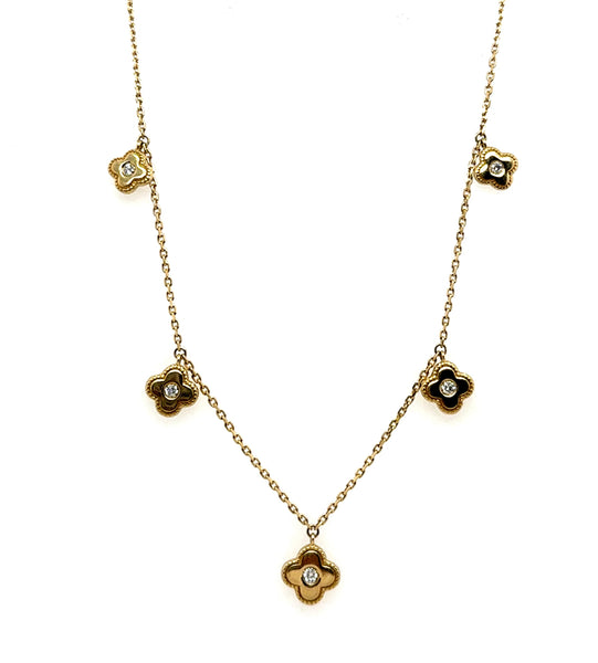 14Kt Yellow Gold Five Station Clover Style Diamond Necklace