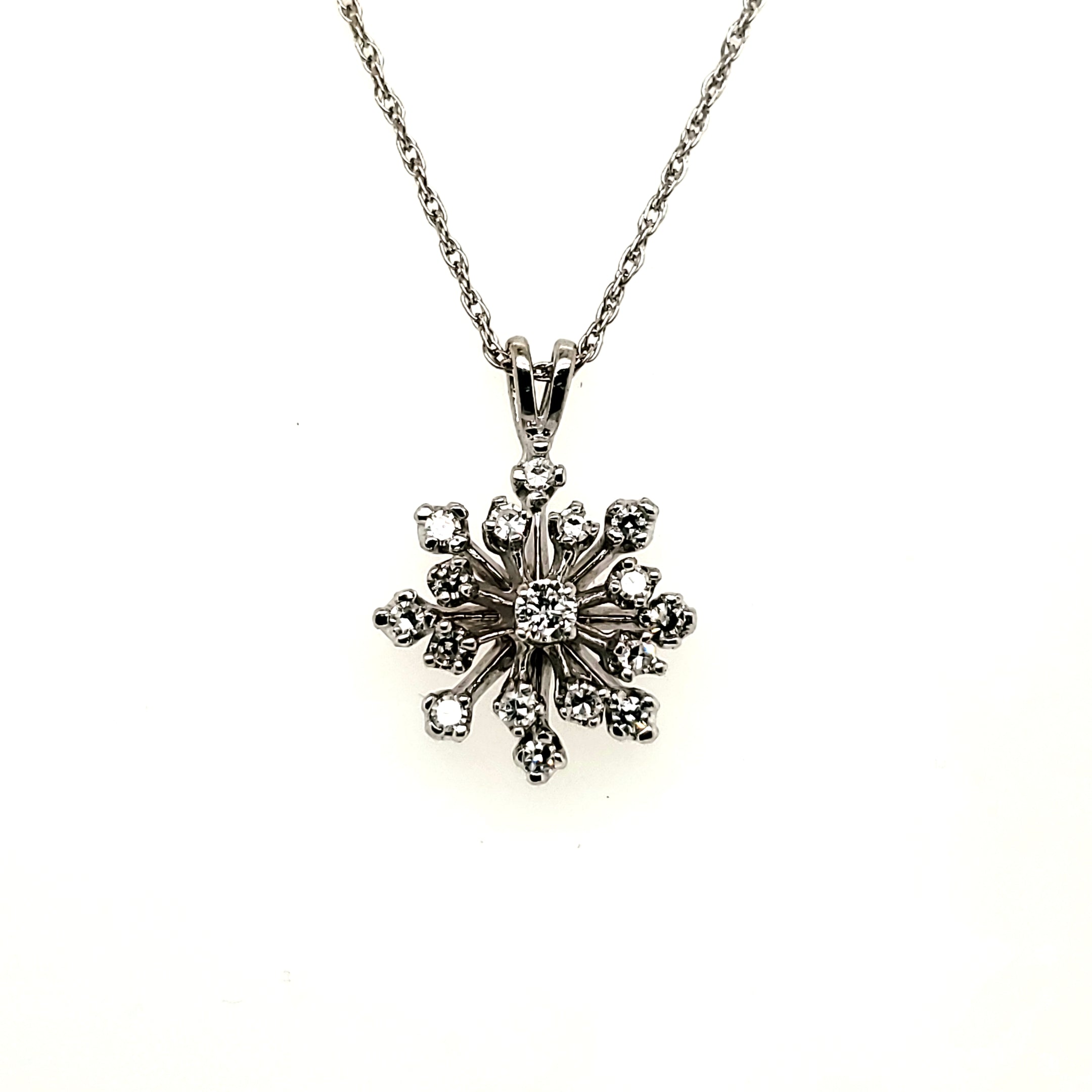 Dimond Snowflake Vintage 14kt White Gold and Diamond Snowflake Pendant