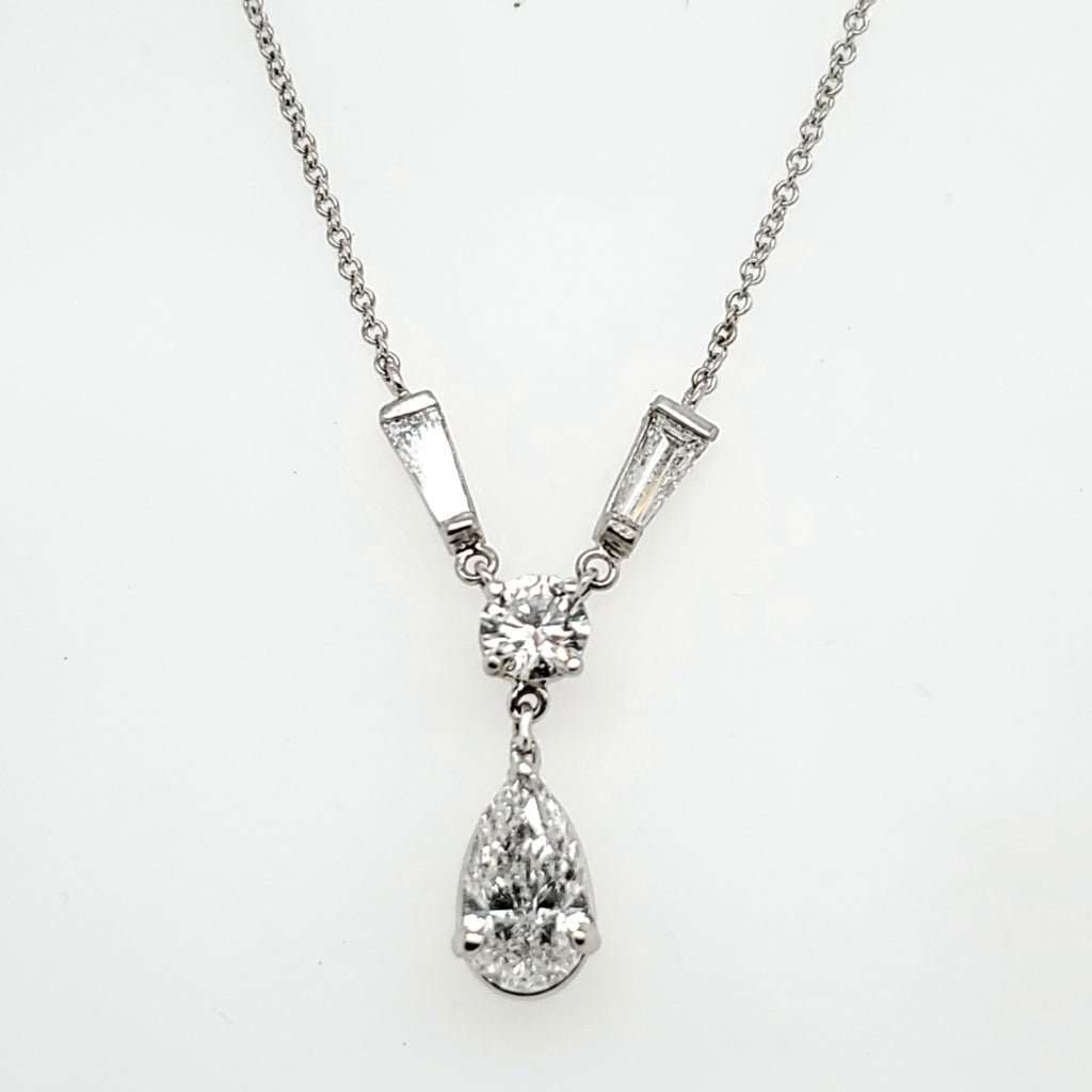 14kt White Gold Pear Round and Baguette Cut Diamond Neckalce