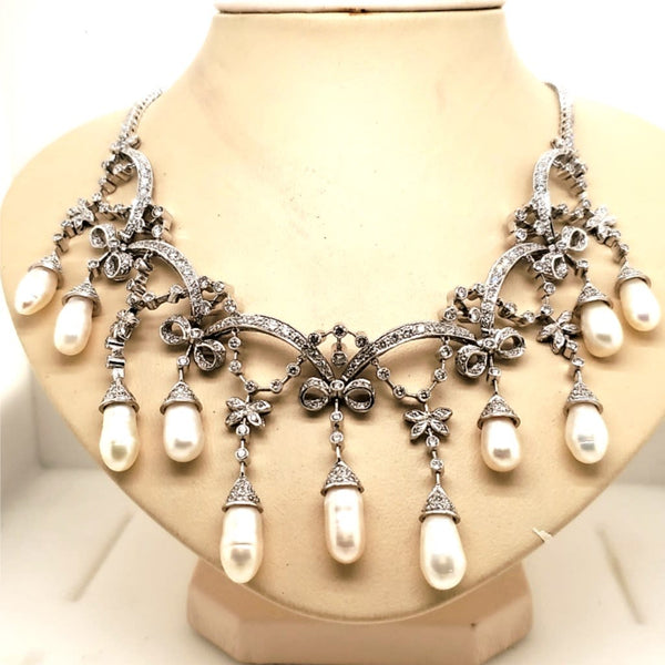 Modern Edwardian Belle Epoch Style 18kt White Gold Diamond and Pearl Necklace