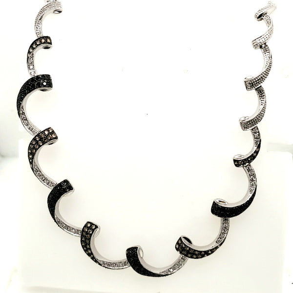 14Kt White Gold Scalloped Design Necklace With White Black And Chocolate Diamonds