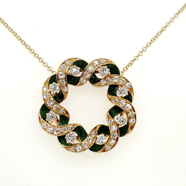 Antique Victorian 18kt Yellow Gold Green Enamel and Diamond Necklace