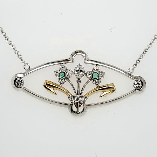 Art Deco Platinum and Yellow Gold Diamond and Emerald East West Neckalce