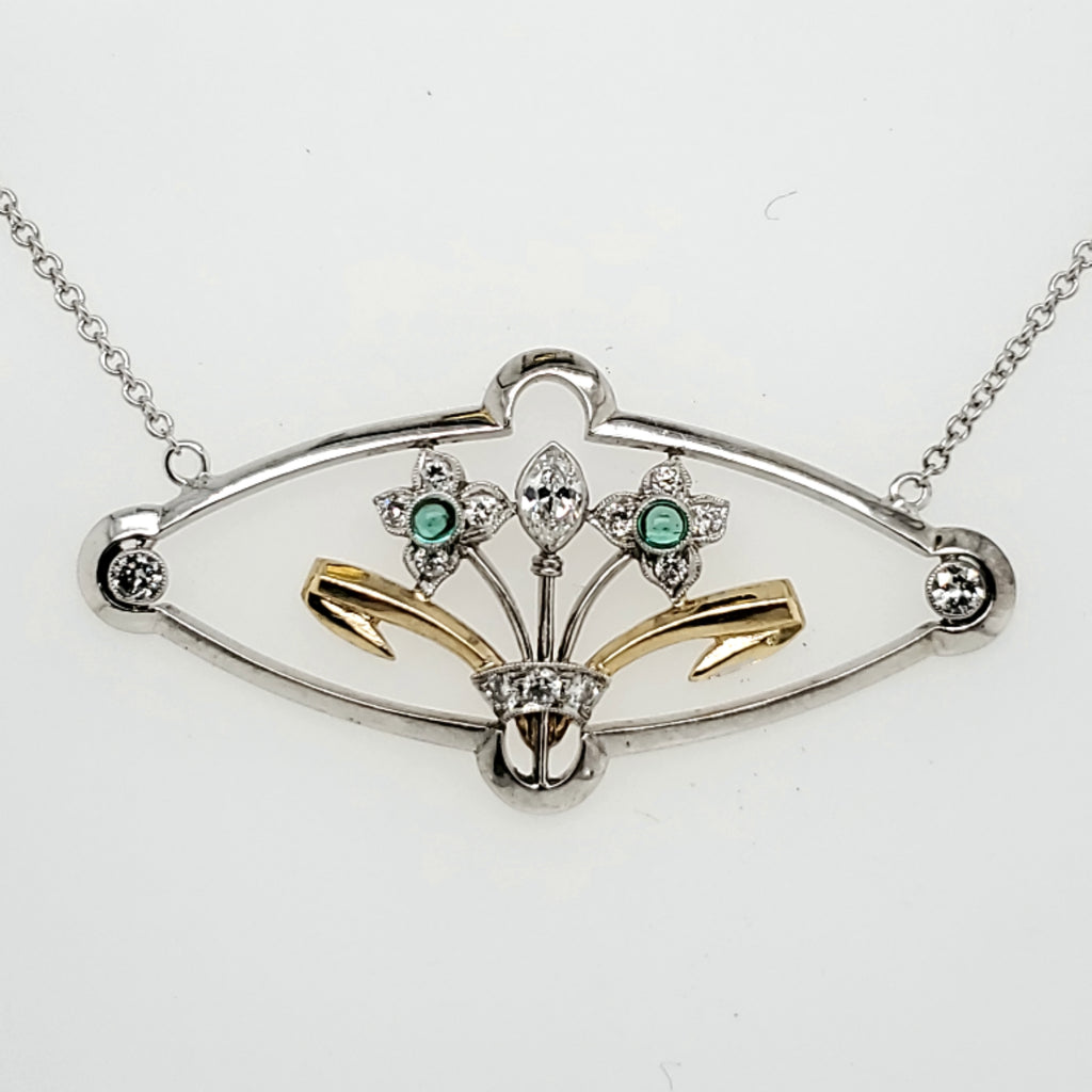 Art Deco Platinum and Yellow Gold Diamond and Emerald East West Neckalce