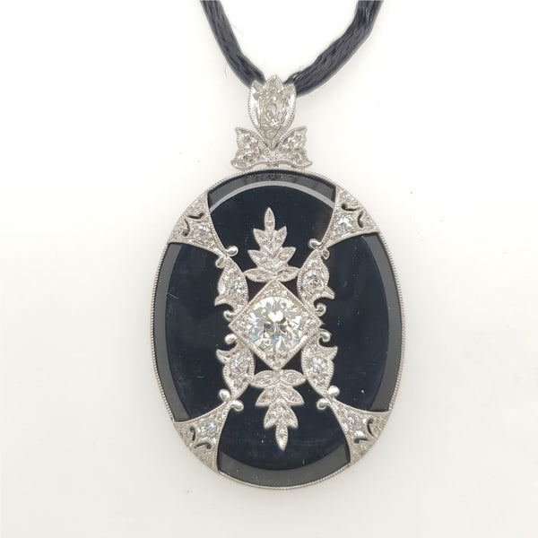 Art Deco Platinum Onyx and Diamond Pendant Necklace