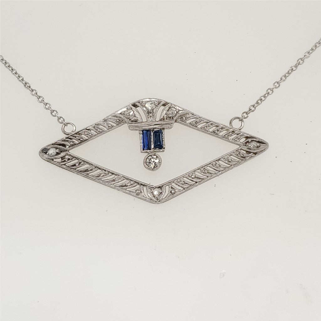 Art Deco 18Kt White Gold Diamond and Sapphire East West Necklace