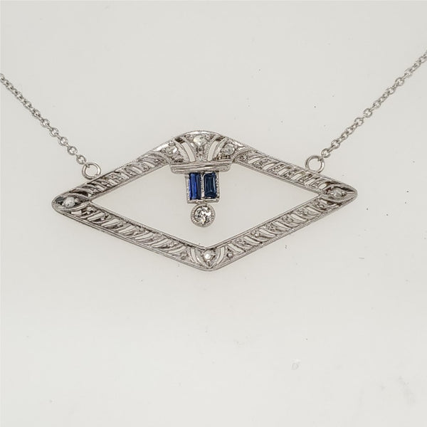 Art Deco 18Kt White Gold Diamond and Sapphire East West Necklace