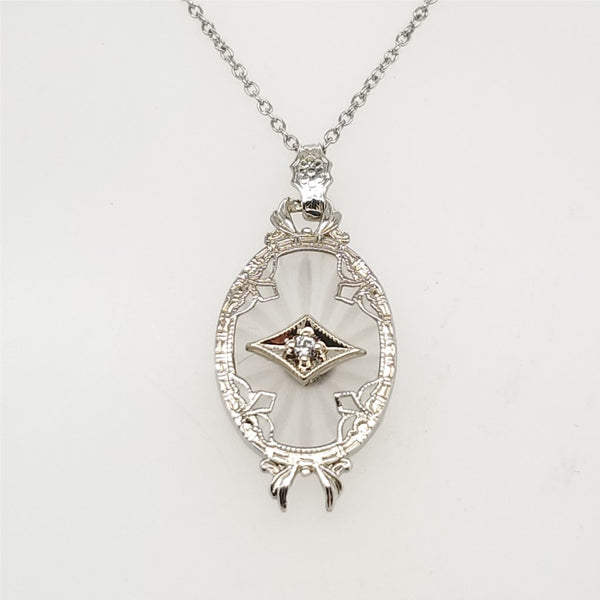 Art Deco 14kt White Gold Camphor Glass And Diamond Pendant
