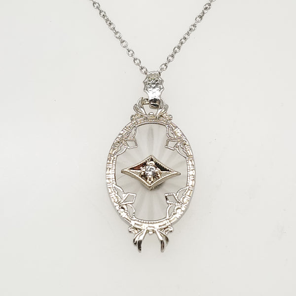 Art Deco 14kt White Gold Camphor Glass And Diamond Pendant