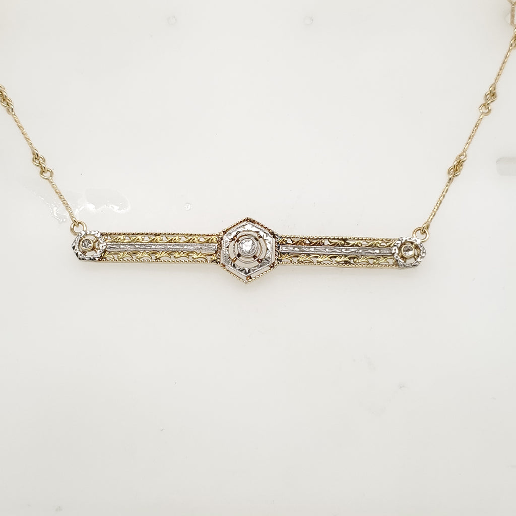 Art Deco 14kt Yellow and White Gold Filigree Diamond Bar Necklace