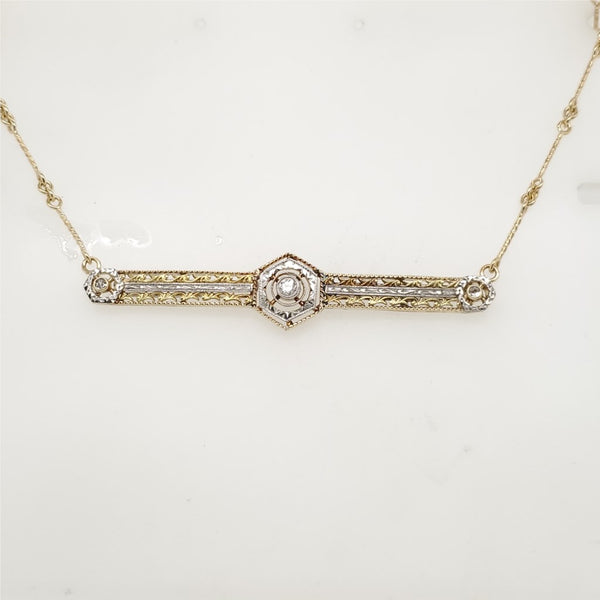 Art Deco 14kt Yellow and White Gold Filigree Diamond Bar Necklace