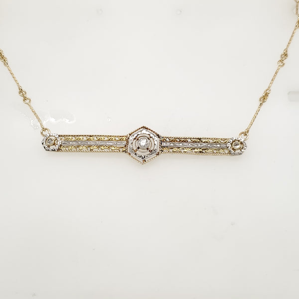 Art Deco 14kt Yellow and White Gold Filigree Diamond Bar Necklace