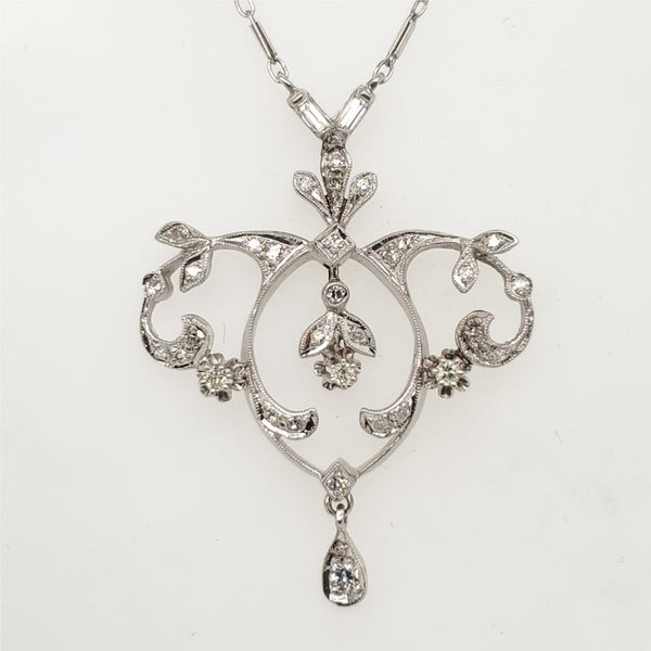 Edwardian Belle Epoch Style 14kt White Gold and Diamond Pendant Necklace
