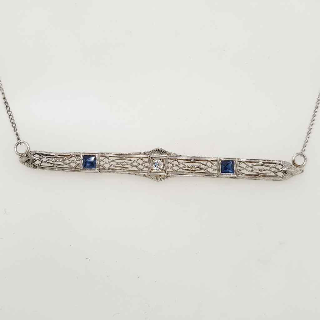 Art Deco 14kt White Gold Diamond and Sapphire East/West Necklace