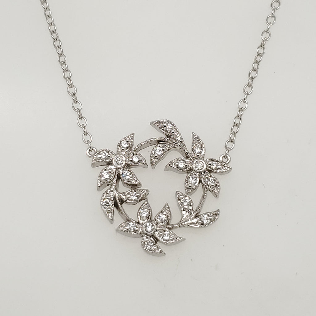 14Kt White Gold And Diamond Wreath Motif Necklace