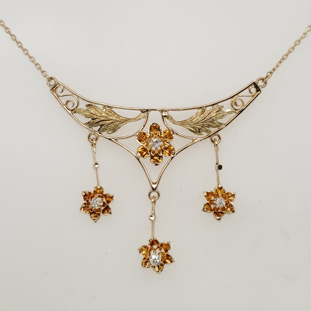 Antique Victorian Yellow Gold and Diamond Filigree Necklace