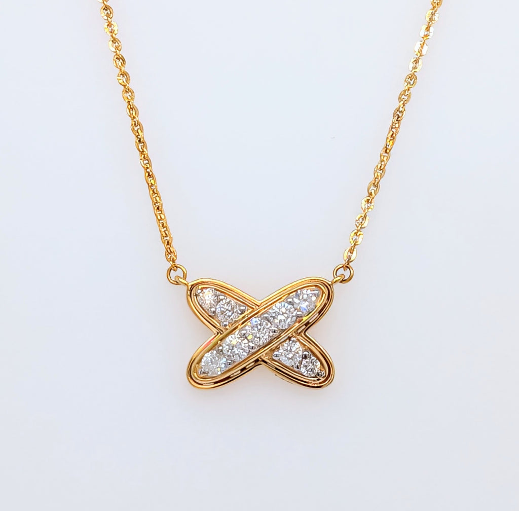14K Yellow Gold Diamond Crossover X Stationary Pendant on 16-18"" Chain