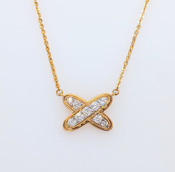 14K Yellow Gold Diamond Crossover X Stationary Pendant on 16-18"" Chain
