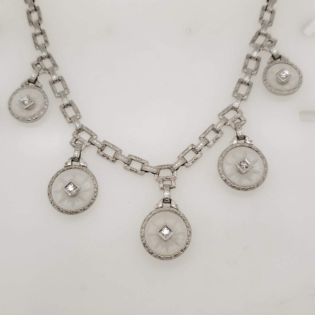 Art Deco 14kt White Gold Camphor Glass And Diamond Pendant
