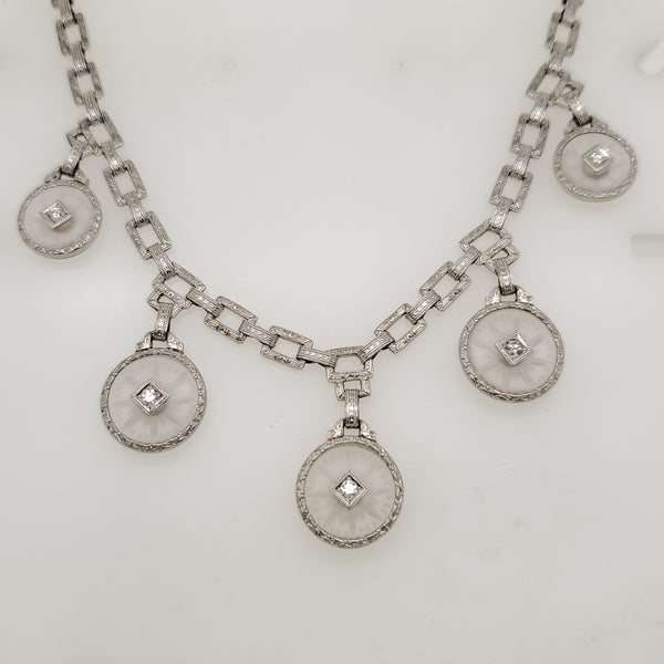 Art Deco 14kt White Gold Camphor Glass And Diamond Pendant
