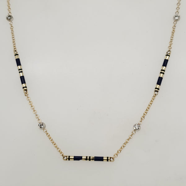 Art Deco 14kt Yellow Gold Blue Enamel and Diamond Necklace