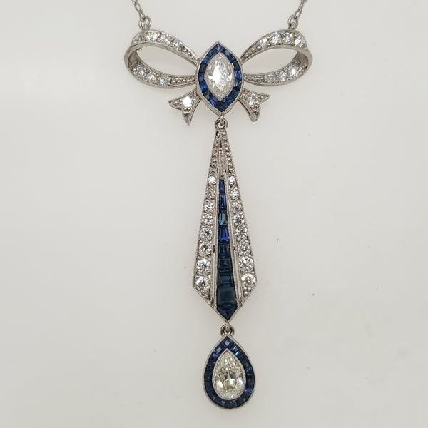Modern Edwardian Style Platinum Sapphire and Diamond Bow Motif Necklace